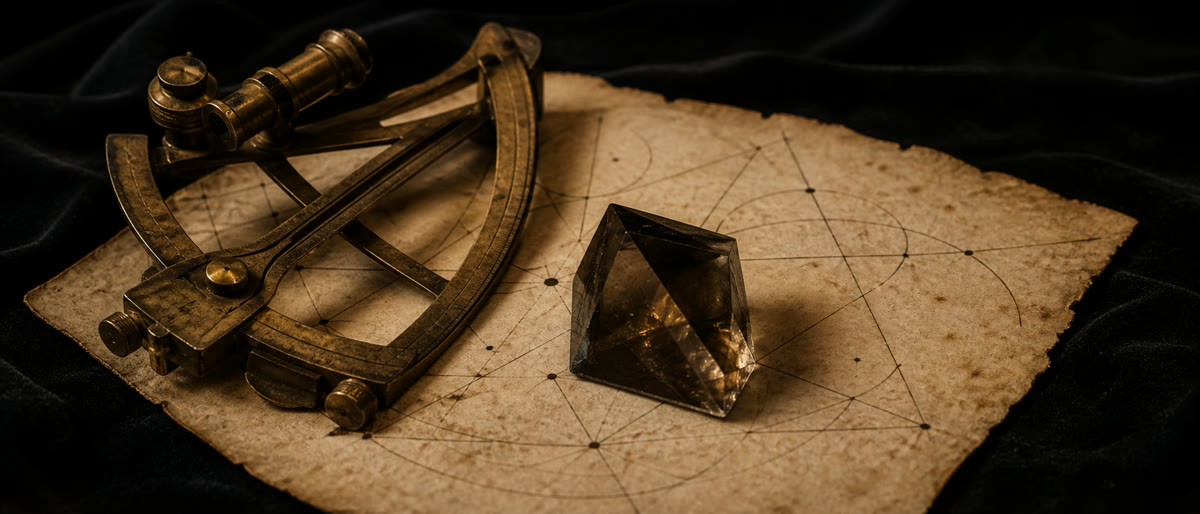 An antique sighting instrument and smoky quartz resting on an aged, unmarked vellum surface.