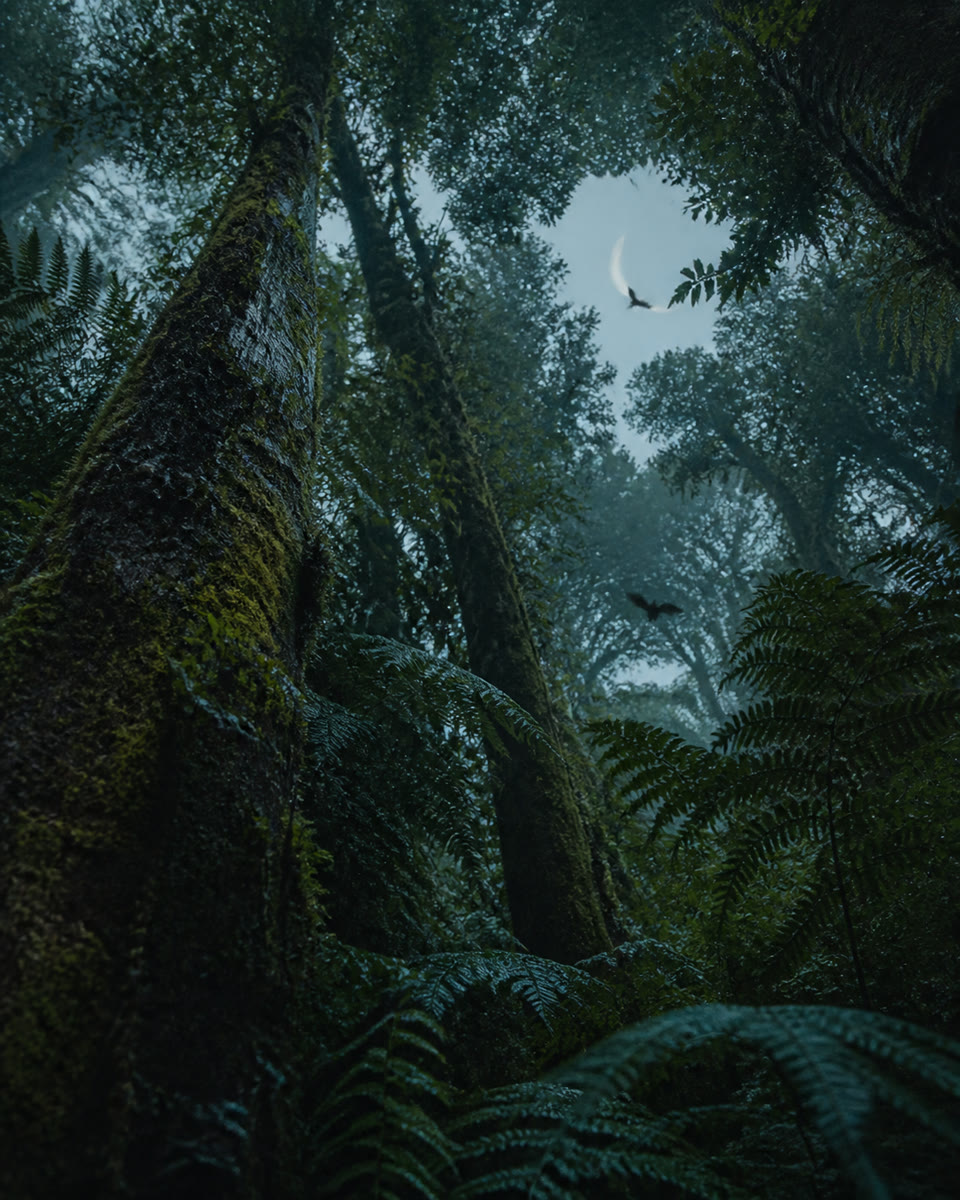A visual interpretation of two small bats crossing a misty New Zealand rainforest valley beneath a crescent moon.