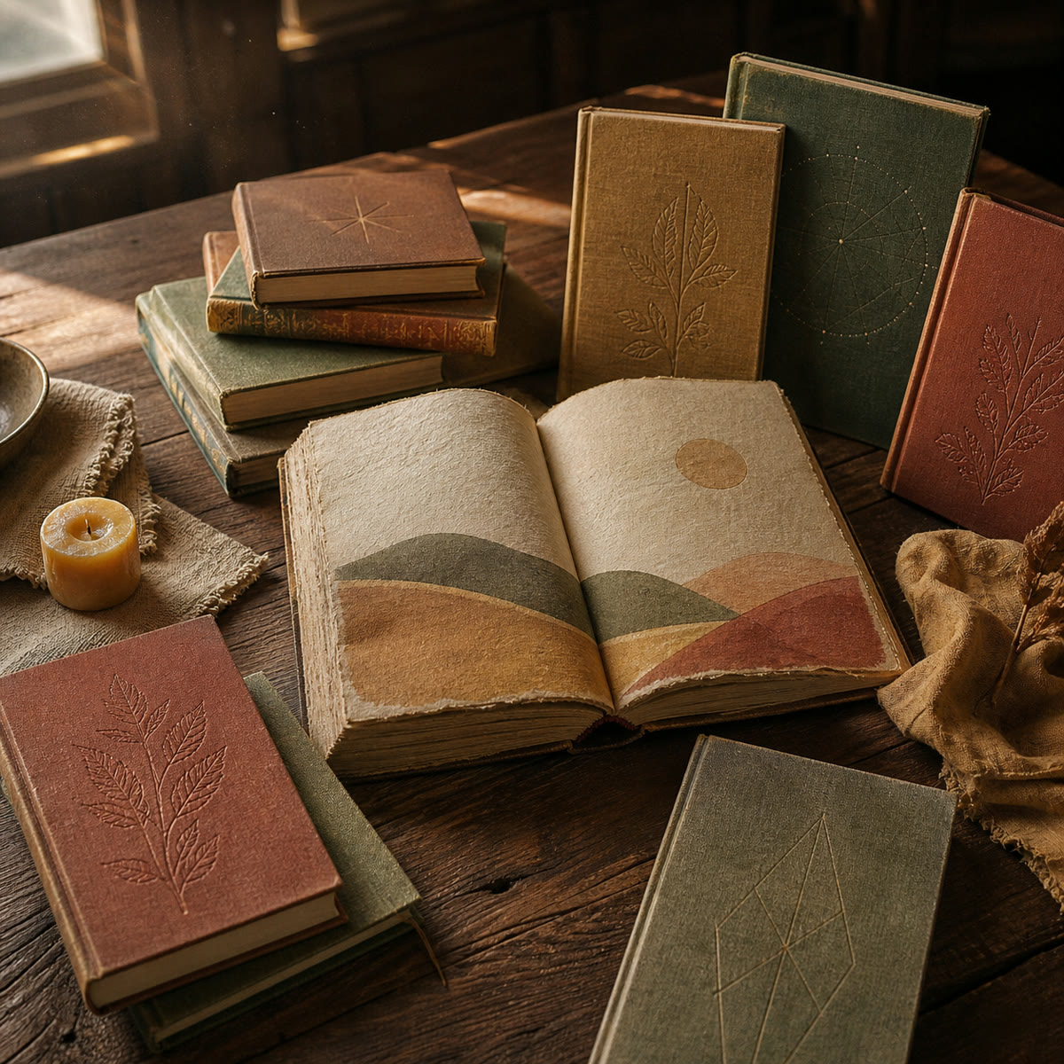 A visual interpretation of well-loved children’s books gathered on a timeworn table in amber lamplight.