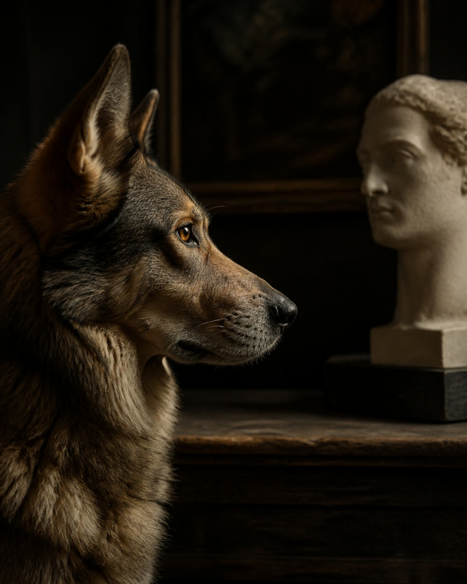 A visual interpretation of an attentive dog studying the face of an antique plaster bust in warm window light.