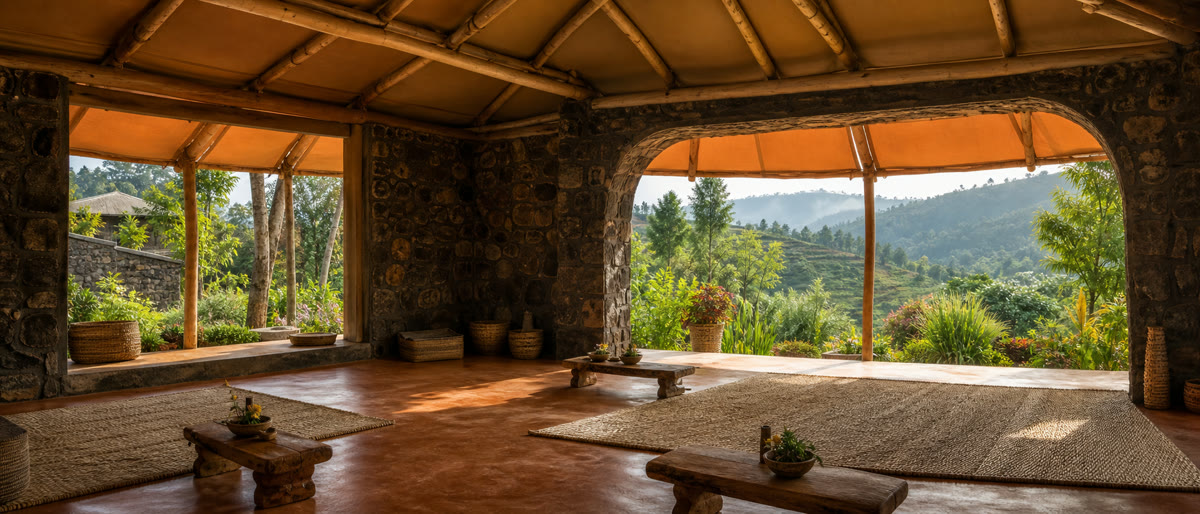 A visual interpretation of a welcoming early-learning sanctuary beneath an ochre canopy in the Rwandan hills.